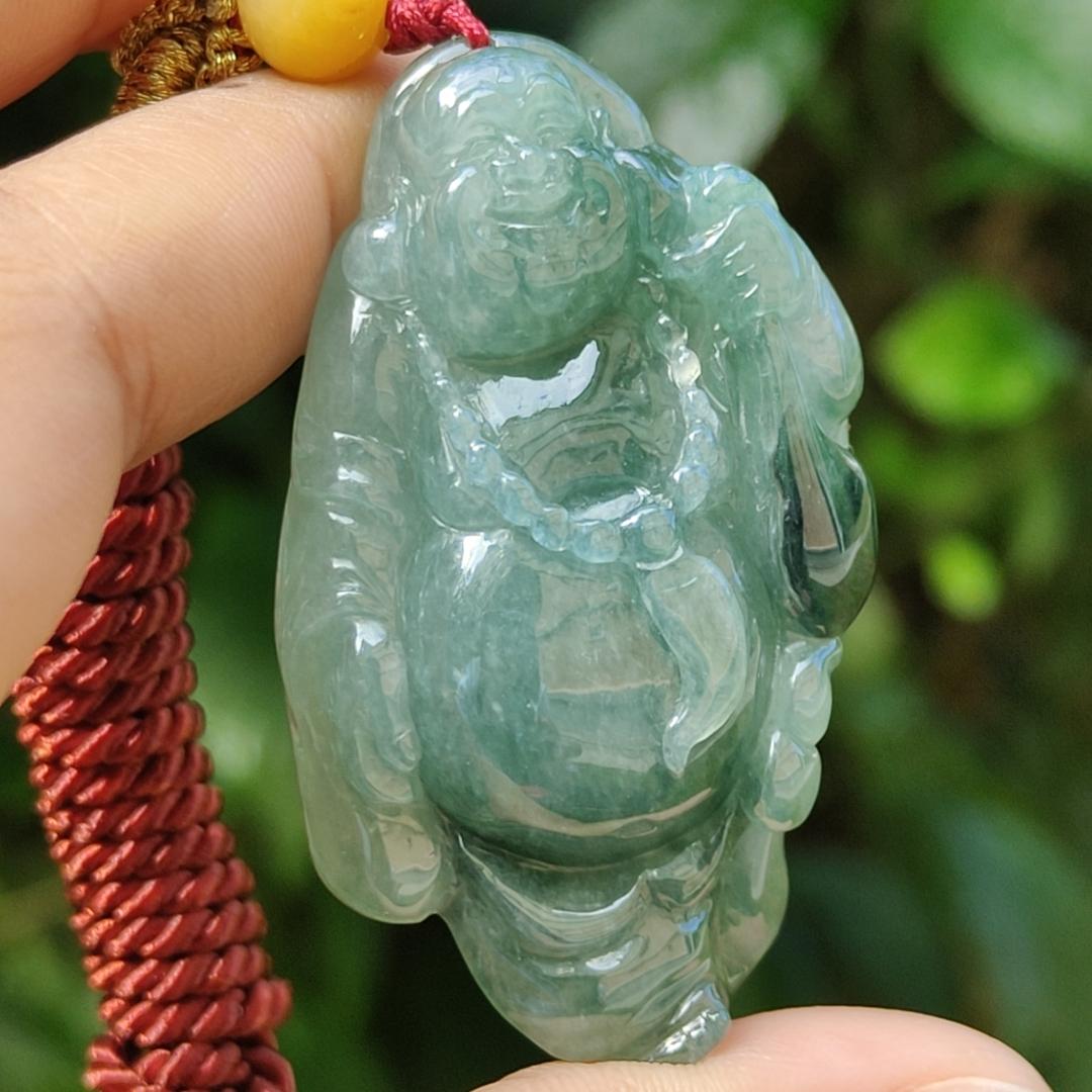 Green Natural Type A Jadeite Jade crafted with Milo Buddha as Pendant, certificate weigh 24.11 grams, measurement 51.2 * 31 * 10.5 mm (pendant239) Yi Pin Qian