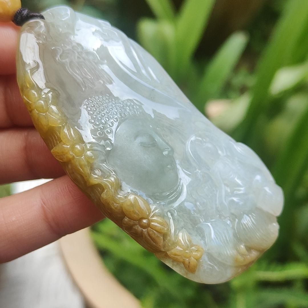 High Quality Yellow with Light Green Natural Type A Jadeite Jade crafted with Buddha and Monk as Pendant, certificate weigh 54.87 grams, measurement 71.6 * 35.6 * 9.5 mm (pendant262) Yi Pin Qian