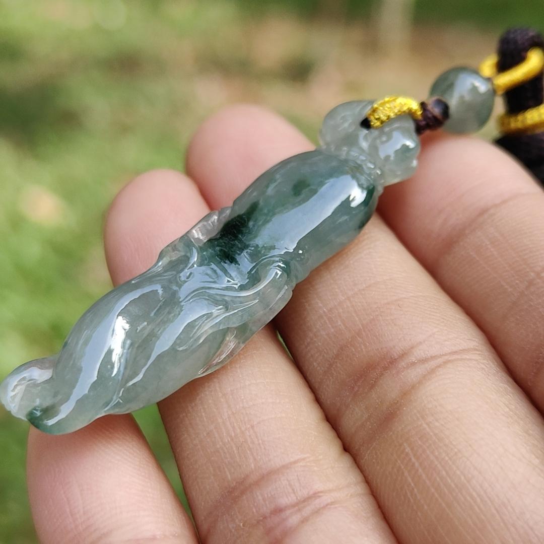 High Quality Light Green with Green Natural Type A Jadeite Jade crafted with shape of Ginseng as Pendant, certificate weighs 7.63 grams, measurement 48.2 * 12.7 * 7.1 mm (pendant277) Yi Pin Qian