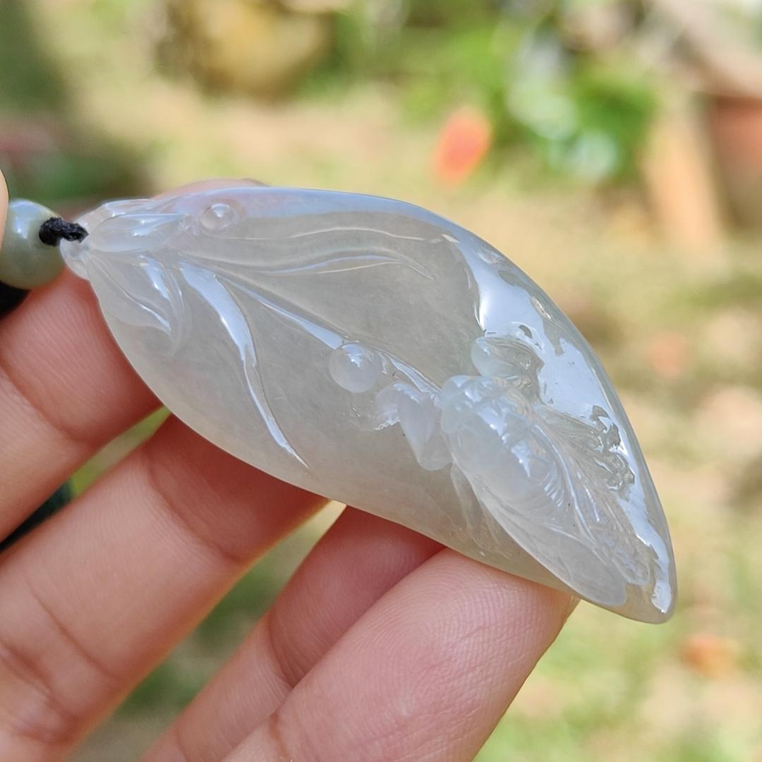 Icy Translucent with Yellow Patches Natural Type A Jadeite Jade crafted with leaf and Cicada as a Pendant, certificate weigh 13.68 grams, measurement 52 * 21.7 * 11.8 mm (pendant224) Yi Pin Qian