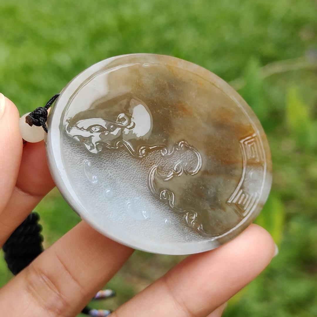 Stunning Rare Brown with Red and White Antique-style Pendant Necklace, Natural Type A Jadeite with certificate included weigh 33.71 grams, 51.3 * 42 * 6.7 mm, engrave with chinese word ruyi means As one wishes, for daily wear (pendant27) Yi Pin Qian
