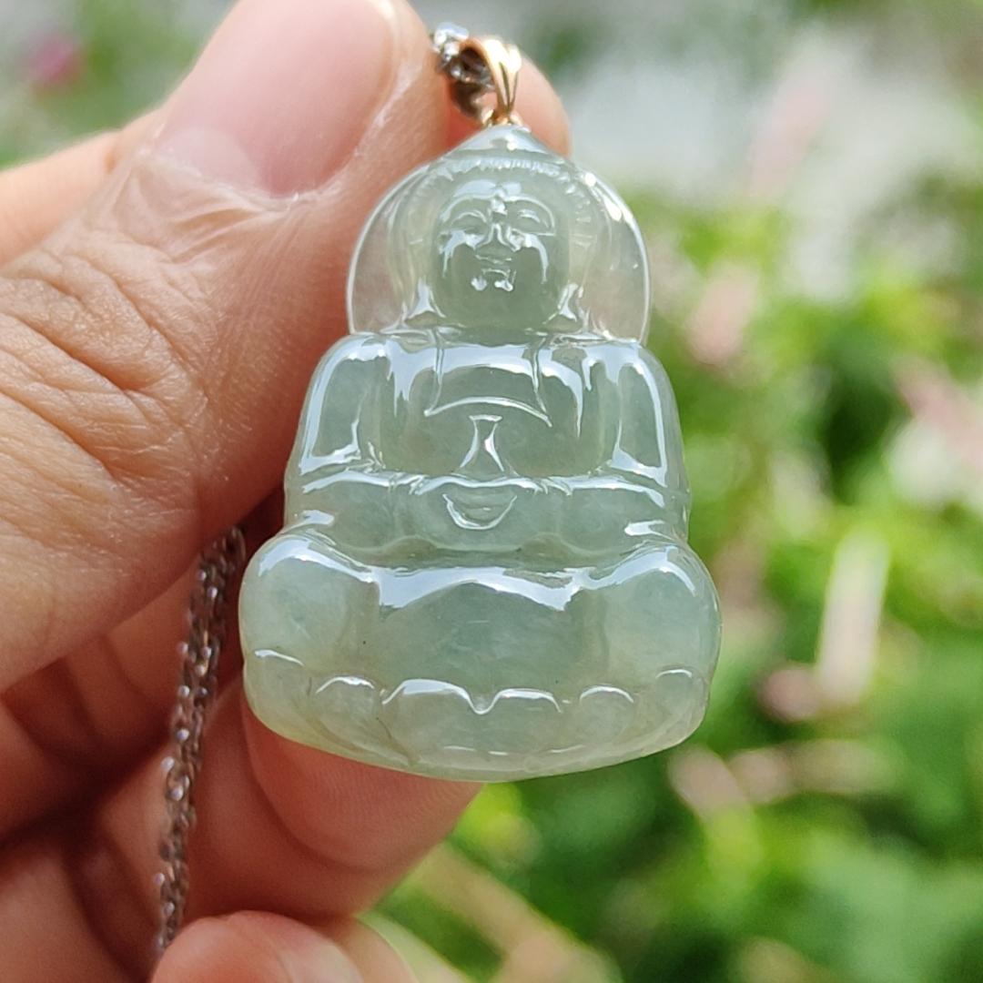 Light Green Good Translucent Natural Type A Jadeite Jade crafted with Guanyin 18k gold clasps as Pendant, certificate weighs 6.36 grams, measurement 32.2 * 21 * 5.8 mm (18kp49) Yi Pin Qian
