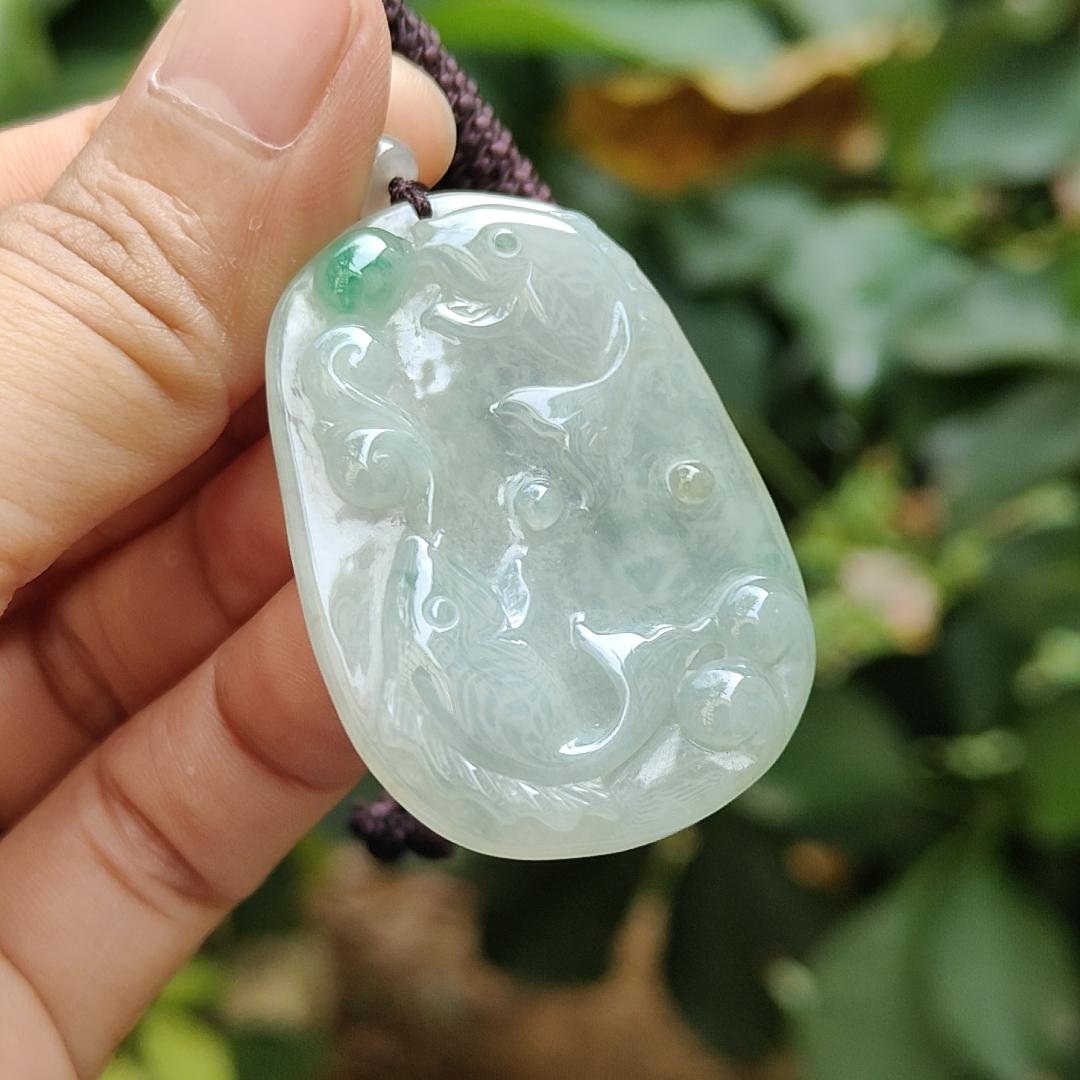Crafted with pair of fish on Natural Type A Jadeite Jade as pendant certificate weighs 13.22 grams, measurement 42.8 * 30.3 * 5.2 mm (pendant343) Yi Pin Qian Jadeites Jade Jewelry ~Your Precious Quintessential ~ Singapore