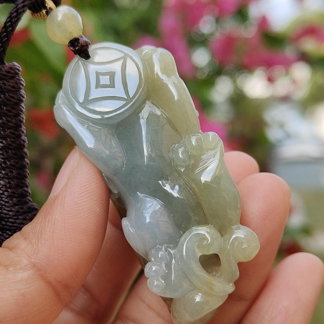 Authentic High Quality Light Green and Brown Natural Type-A Jadeite-Jade crafted as Pixiu for Pendant, certificate weighs 54.18 grams, measurement 56 * 25.2 * 26.2 mm (pendant303) Yi Pin Qian Jadeites Jade Jewelry ~Your Precious Quintessential ~ Singapore