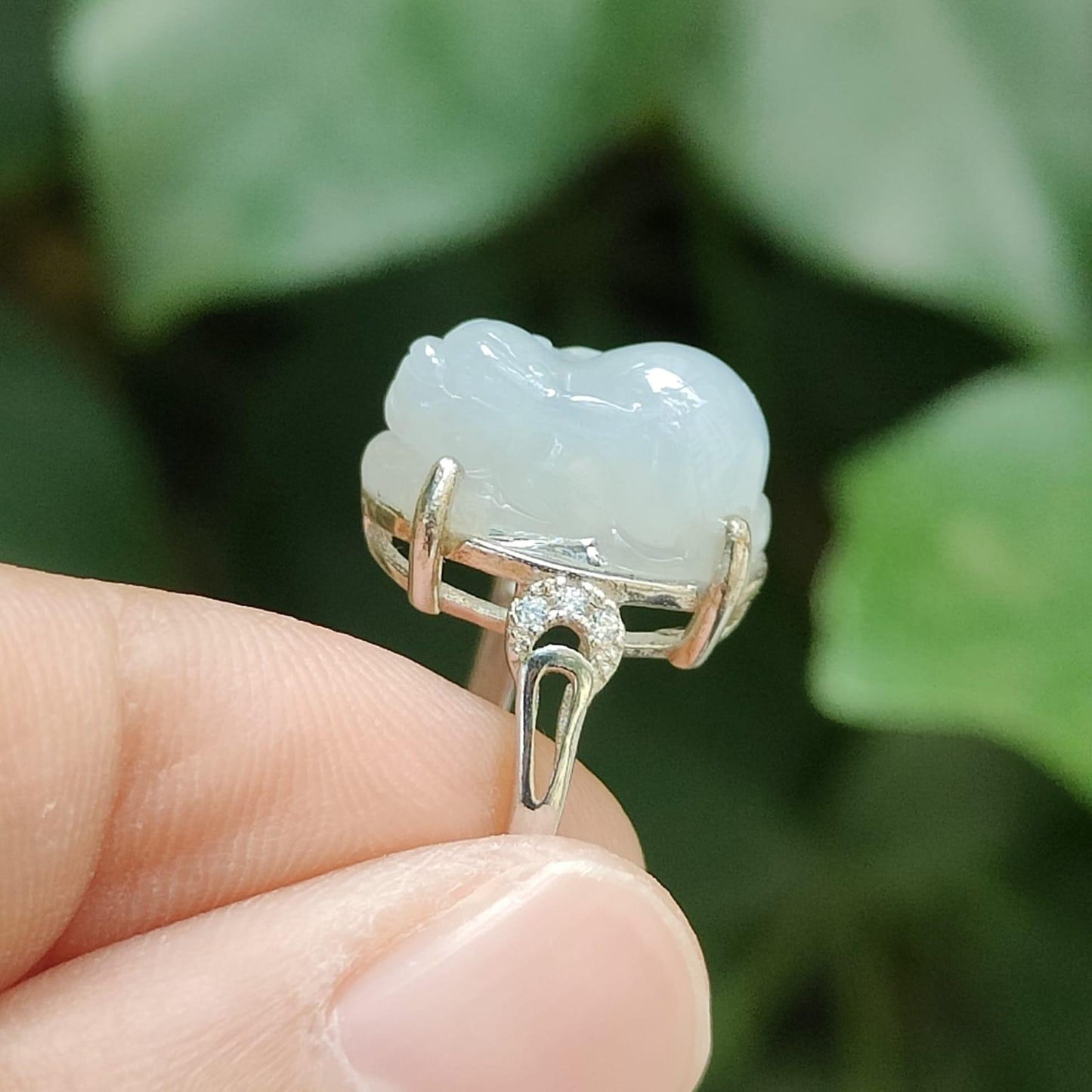 Earth-Meets-Sky Pixiu - Natural Jadeite & S925 Silver Adjustable Ring (Sku: S925ring31) Yi Pin Qian Jadeites Jade Jewelry ~Your Precious Quintessential ~ Singapore