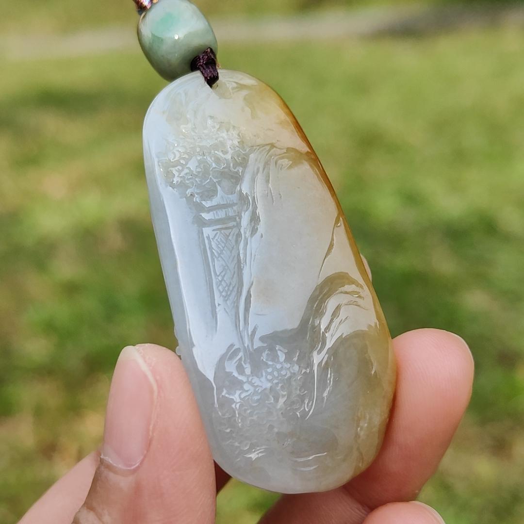 Beautifully crafted with sceneries on Yellow Natural Type A Jadeite Jade as a Pendant Necklace with certificate weigh 27.75 grams, measurement 52.1 * 25.7 * 12.7 mm (pendant206) Yi Pin Qian
