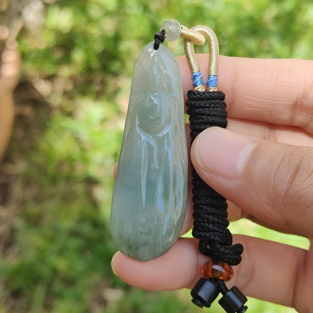 Light Green Natural Type A Jadeite Jade Pendant Necklace crafted with faceless Guanyin with QIC labs approved certificate weigh 11.82 grams, measurement 52 * 17.7 * 5.7 mm (pendant175) Yi Pin Qian