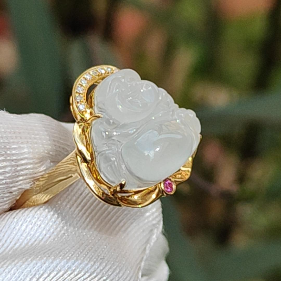 Premium Rare old pit Icy Natural Type A Jadeite Cabochon crafted as Laughing Buddha setting on G18K Gold as Ring with finger size 17.6mm, Certificate included weigh 3.23 grams, Jade measurement 12.8 * 14.8 * 4.1 mm (18kring5) Yi Pin Qian