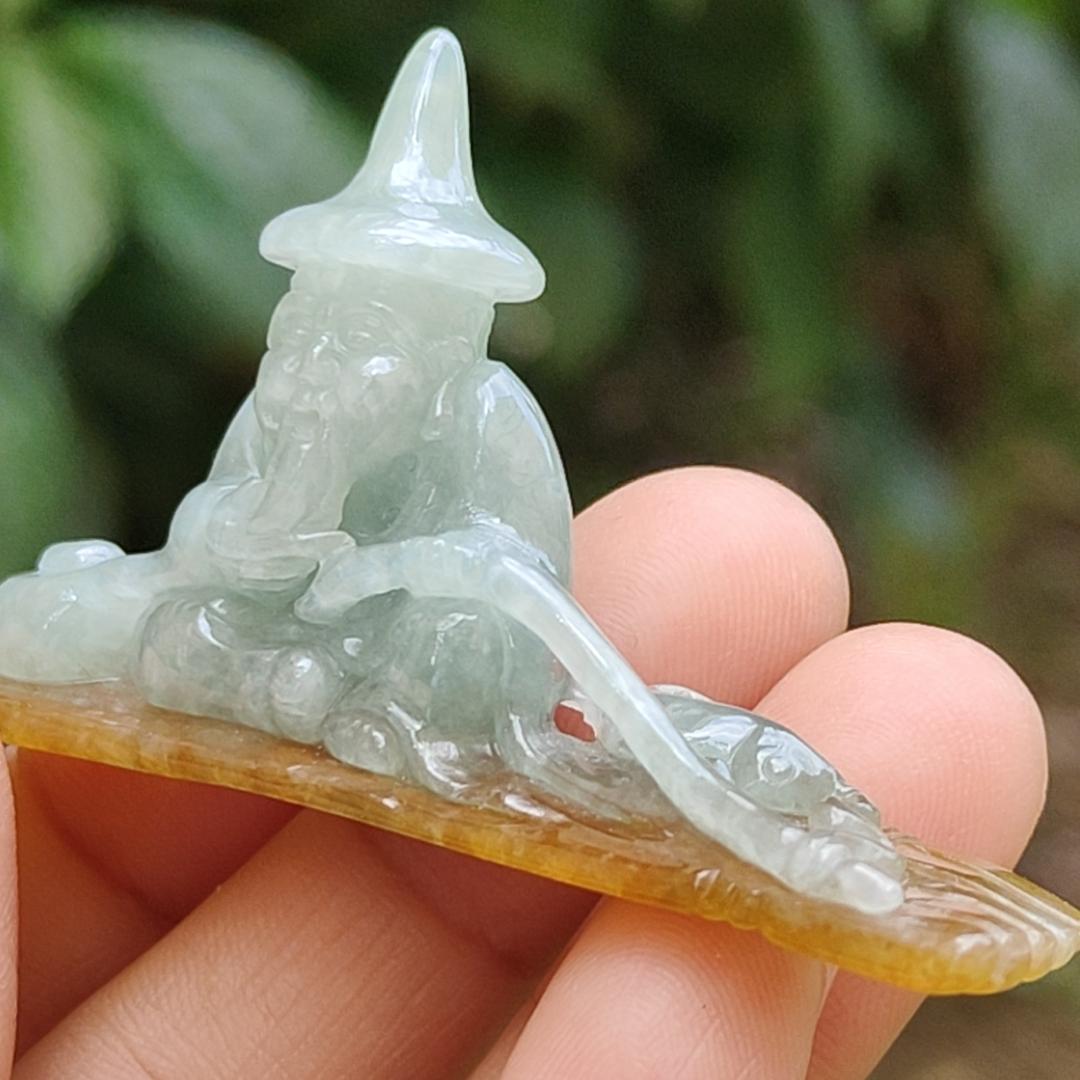Light Green with Yellow Natural Type A Jadeite Jade crafted with Old Men Fishing as Display, certificate weighs 17.06 grams, measurement 65.2 * 32.8 * 12 (display1) Yi Pin Qian