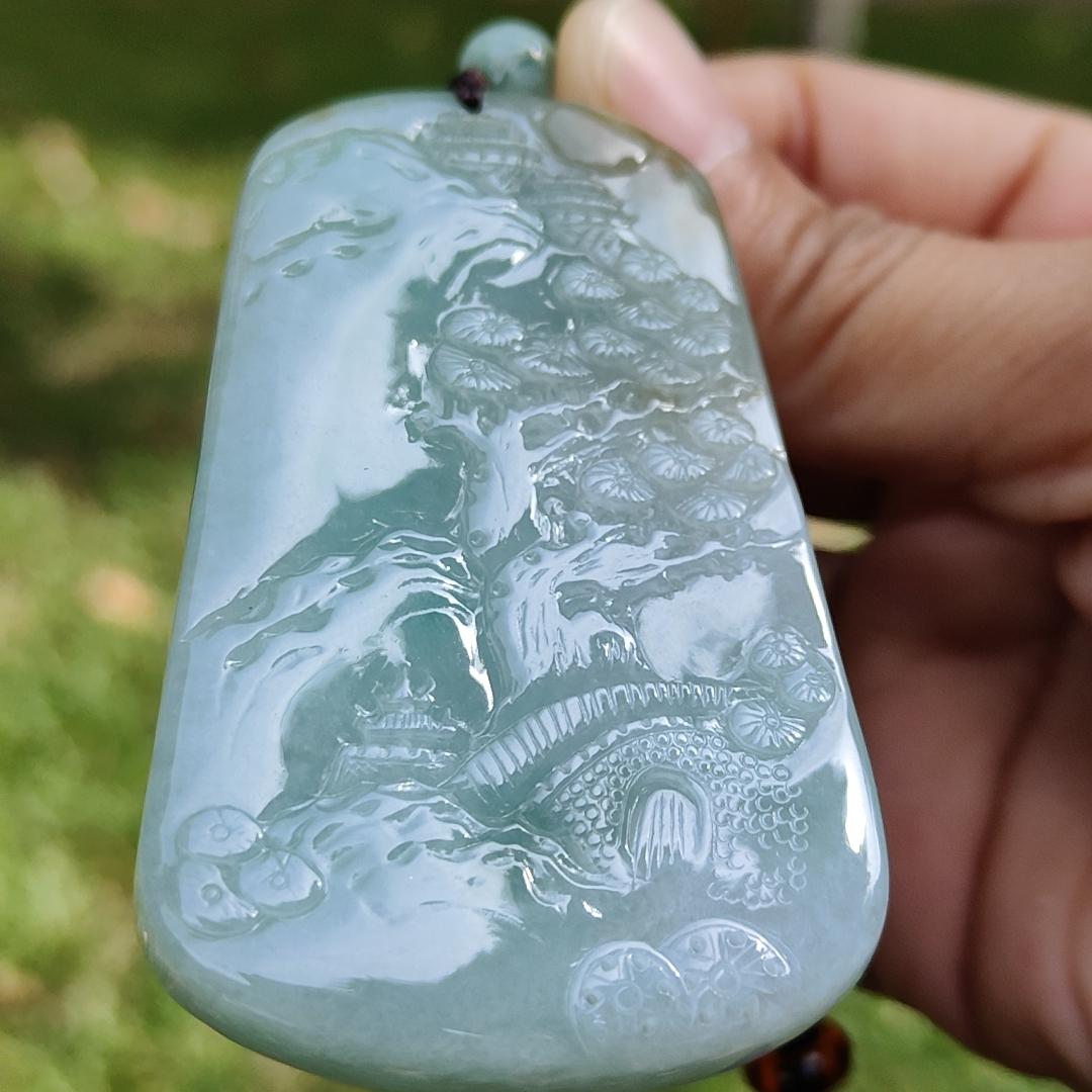 High Quality Light Green with Yellow Natural Type A Jadeite Jade crafted with sceneries as Pendant, certificate weighs 78.02 grams, measurement 66.1 * 40.5 * 13.3 mm (pendant280) Yi Pin Qian