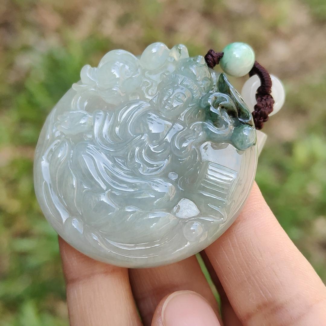 Light Green with Bluish Green Natural Type A Jadeite Pendant Necklace crafted with Guanyin Symbols of Peace, auspiciousness and longevity, certificate included weighs 36.23 grams, 45.8 * 45.8 * 9.1 mm, suitable for daily wear (pendant56) Yi Pin Qian