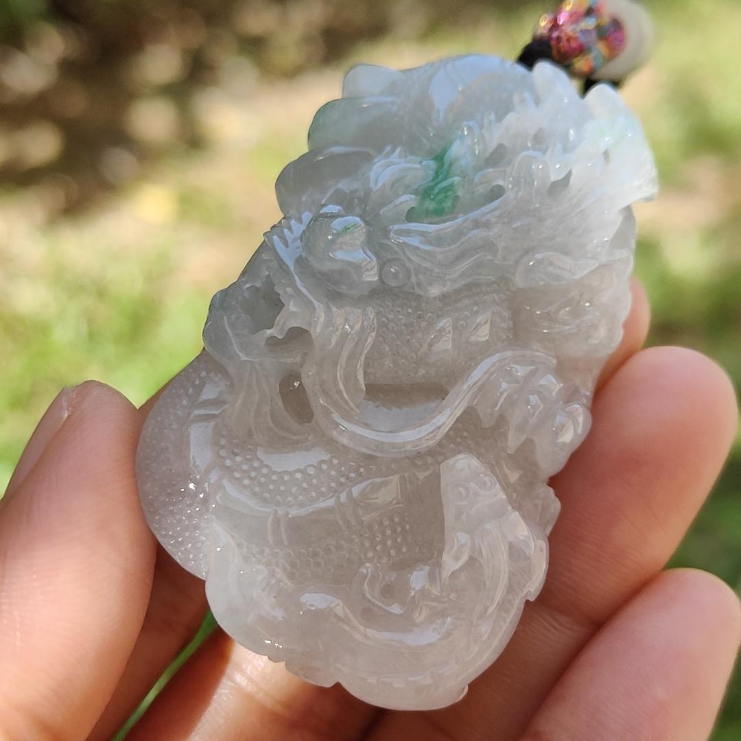High Quality Semi Icy Translucent Light Green Light Lavender Natural Type A Jadeite Jade crafted with Dragon as Pendant, certificate weighs 35.24 grams, measurement 55.7 * 33.3 * 13.3 mm (pendant264) Yi Pin Qian