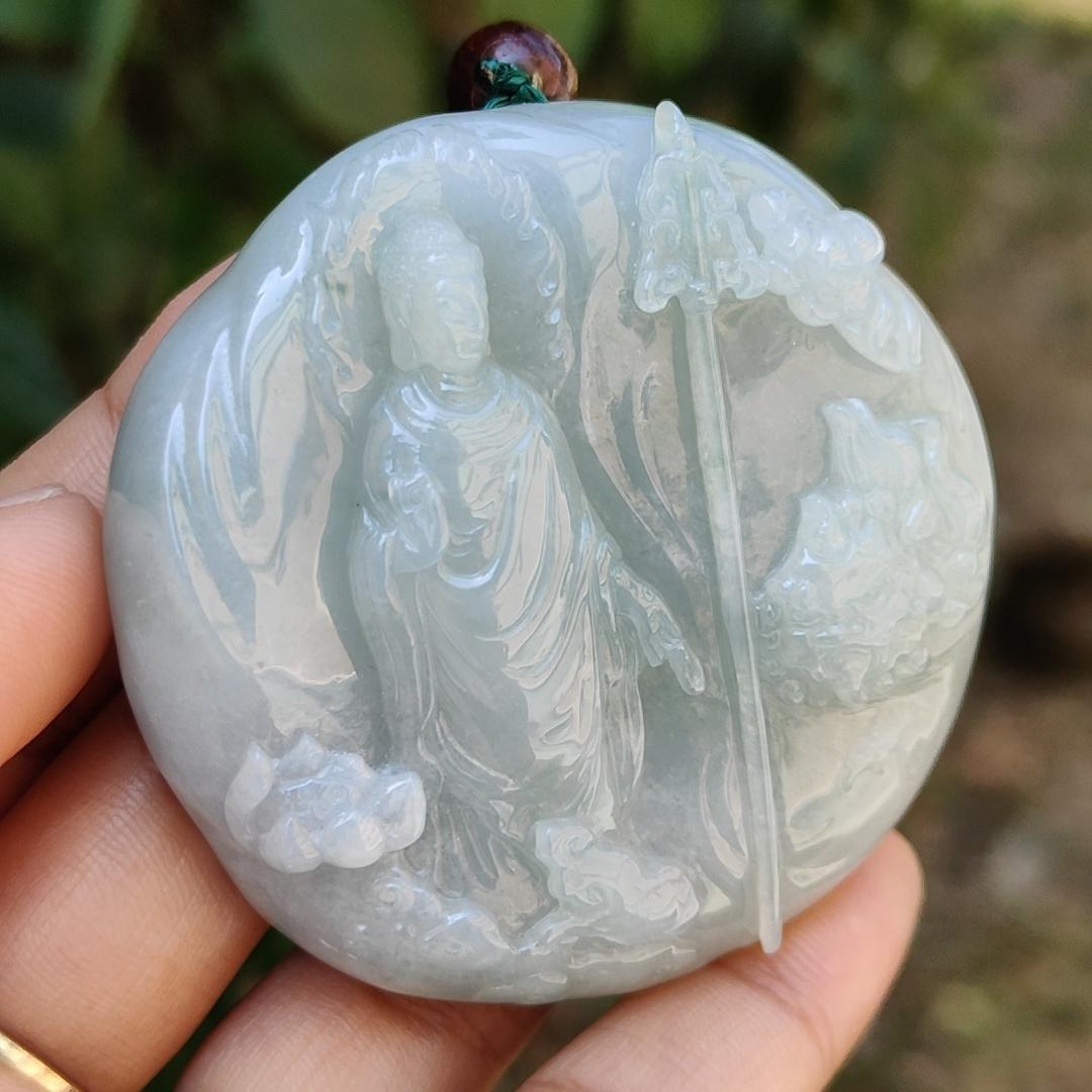 High Quality Light Green Hue Natural Type A Jadeite Jade crafted with Ksitigarbha Bodhisattva as Pendant, certificate weighs 70.75 grams, measurement 54.6 * 54.6 * 12.6 mm (pendant232) Yi Pin Qian