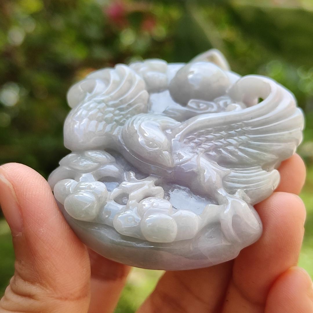 Lavender Natural Type A Jadeite Pendant crafted with Eagle meaning win, good for businesse, majesty, power and freedrom, certificate weight 75.8150 gram, 57 * 54.20 * 15.10 mm (pendant111) Yi Pin Qian