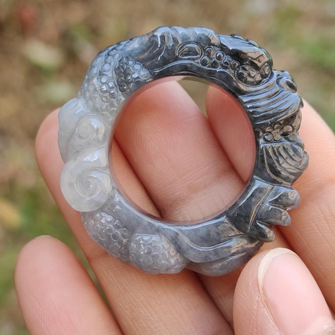 Black and White Natural Type A Jadeite Jade crafted with Dragon as 21mm Ring, certificate weigh 16.8 grams, measurement 10.5 * 8.3 mm (ring7) Yi Pin Qian