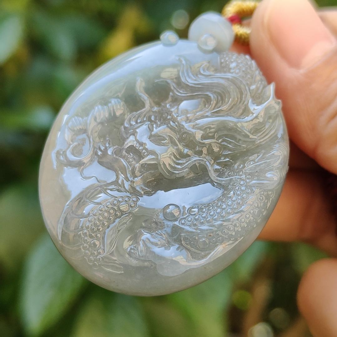 Light green with Brown fine quality Natural Type A Jadeite Pendant carved with dragon meaning wisdom, Auspiciousness, strength and independence with certificate weigh 41.21 grams, 46 * 40.60 * 10.80 mm, very suitable for daily wear (pendant91) Yi Pin Qian