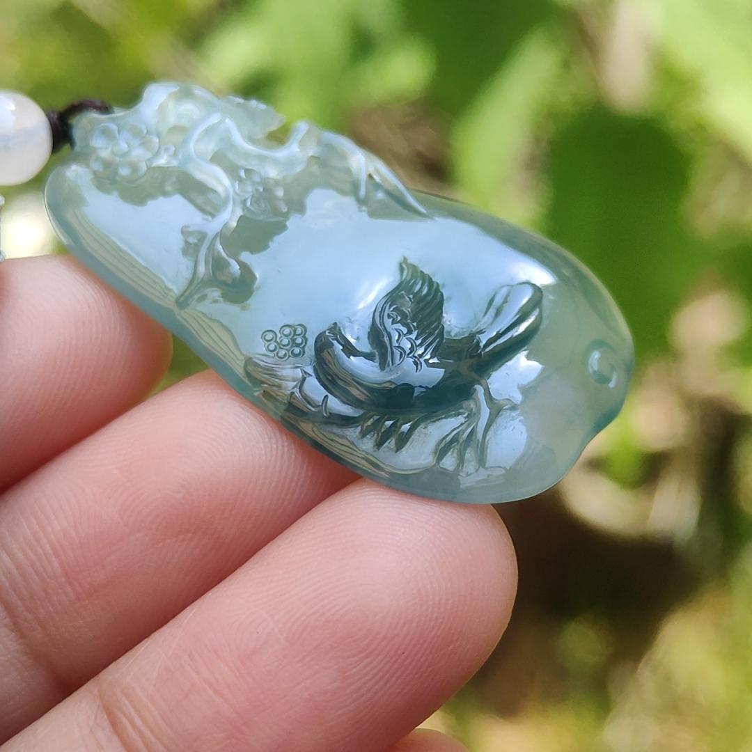 High Premium Quality Icy Green Natural Type A Jadeite Jade Pendant Necklace crafted with bird, flower and tree trunk, certificate included weigh 11.70 grams, measurement 40 * 23 * 6.3 mm (pendant187) Yi Pin Qian