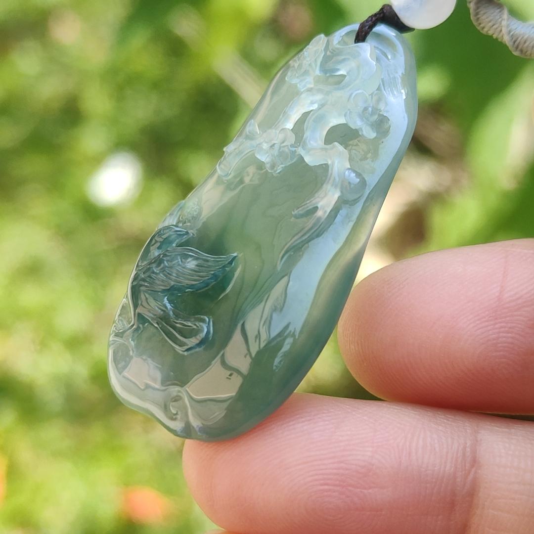 High Premium Quality Icy Green Natural Type A Jadeite Jade Pendant Necklace crafted with bird, flower and tree trunk, certificate included weigh 11.70 grams, measurement 40 * 23 * 6.3 mm (pendant187) Yi Pin Qian