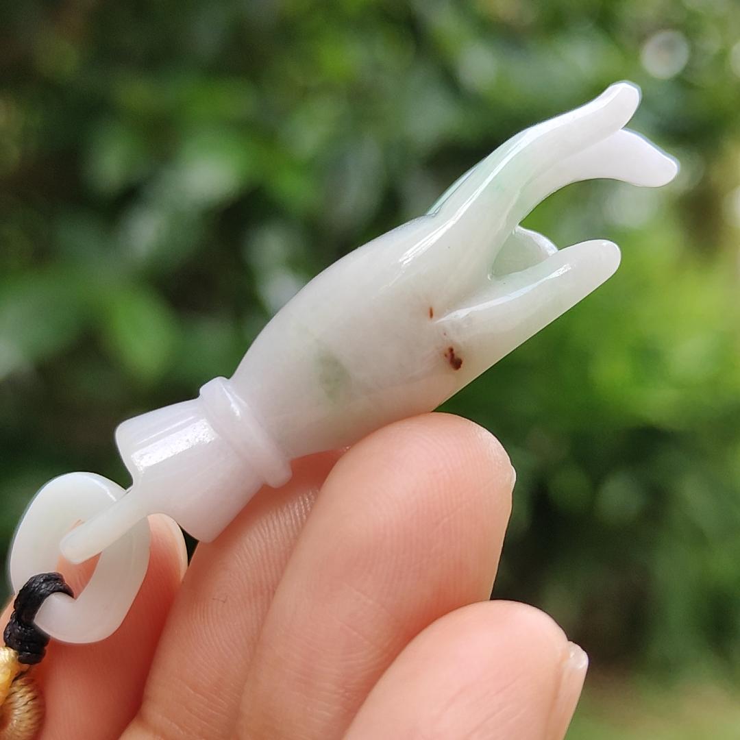 Light Green with Red patches Natural Type A Jadeite Jade crafted as Buddha Hand Pendant, QIC labs approved certificate weighs 15.32 grams, measurement 52.5 * 16 * 13.8 mm (pendant255) Yi Pin Qian