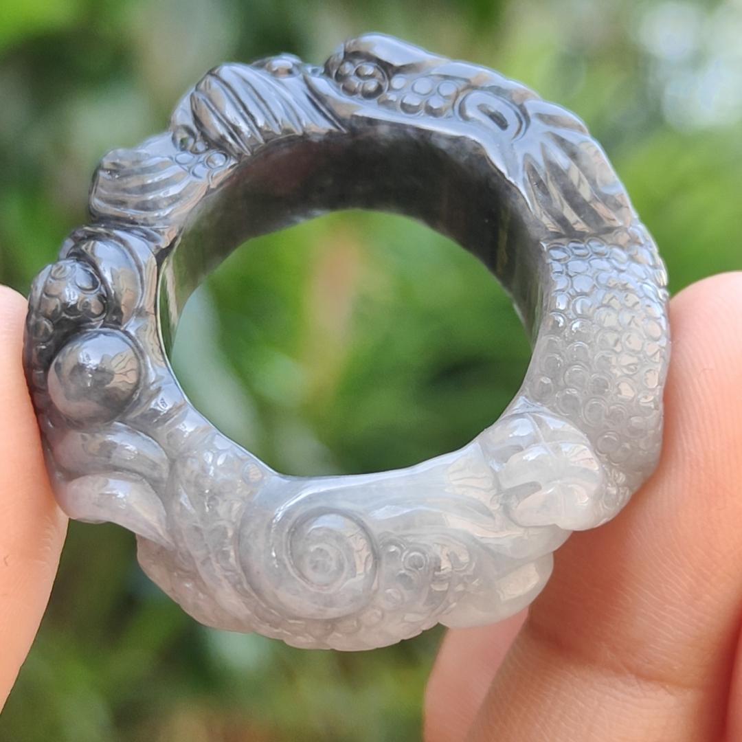 Black and White Natural Type A Jadeite Jade crafted with Dragon as 21mm Ring, certificate weigh 16.8 grams, measurement 10.5 * 8.3 mm (ring7) Yi Pin Qian