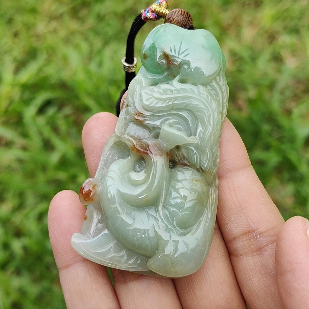 Green with Red Patches Natural Type A Jadeite Pendant Necklae Crafted with Old School Phoenix and ruyi with certificate weigh 50.24 grams, 67.7 * 35 * 11.8 mm, symbols of Good luck and a good life noble authority (pendant23) Yi Pin Qian
