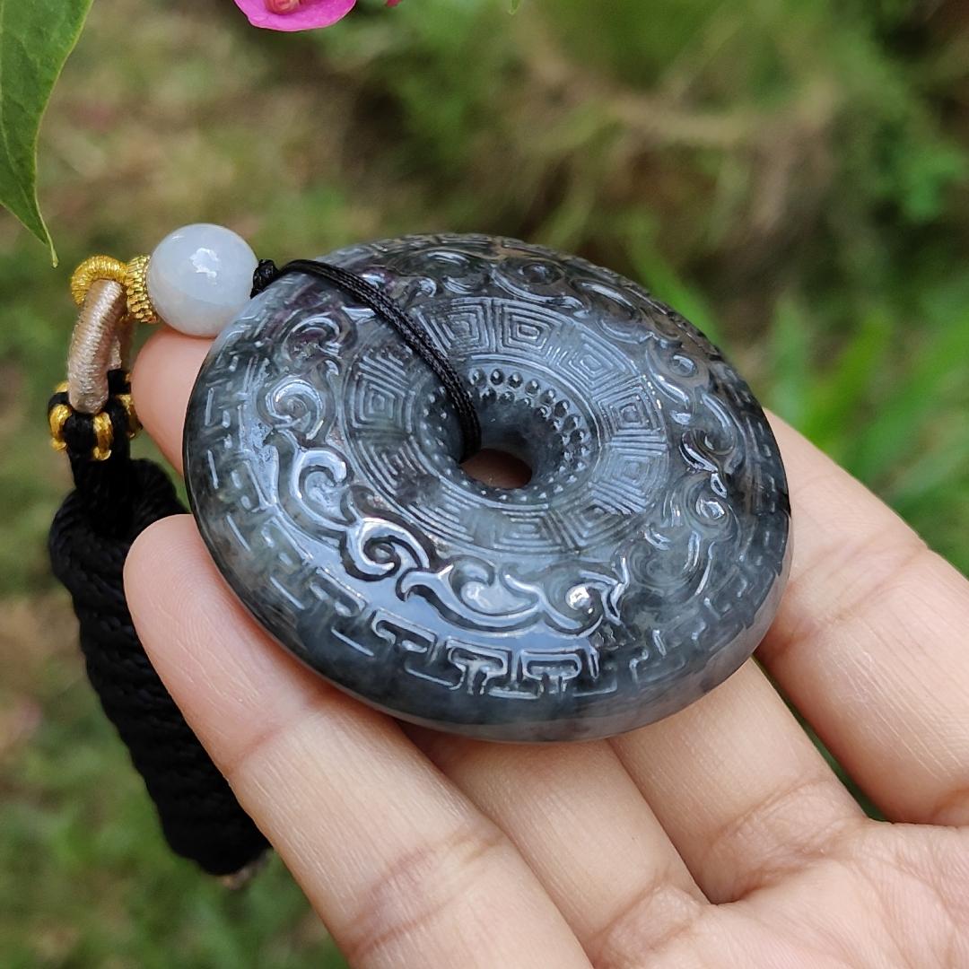 Hugh archaize style Black Natural Type A Jadeite Pendant crafted as Donut, symbols of Attract wealth , certificate included weigh 62.62 grams, 51 * 51 * 12.6 mm, suitable for daily wear (pendant63) Yi Pin Qian