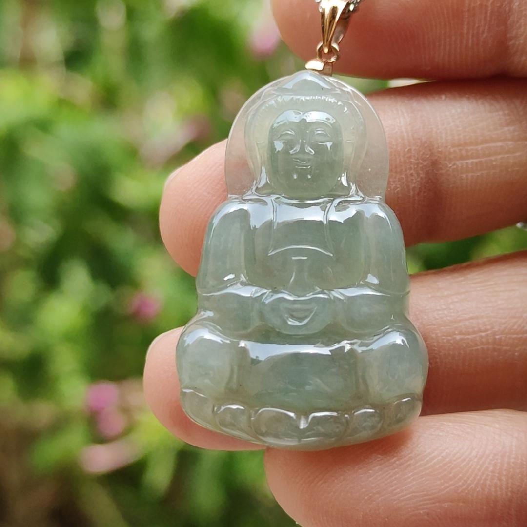 Light Green Good Translucent Natural Type A Jadeite Jade crafted with Guanyin 18k gold clasps as Pendant, certificate weighs 6.36 grams, measurement 32.2 * 21 * 5.8 mm (18kp49) Yi Pin Qian