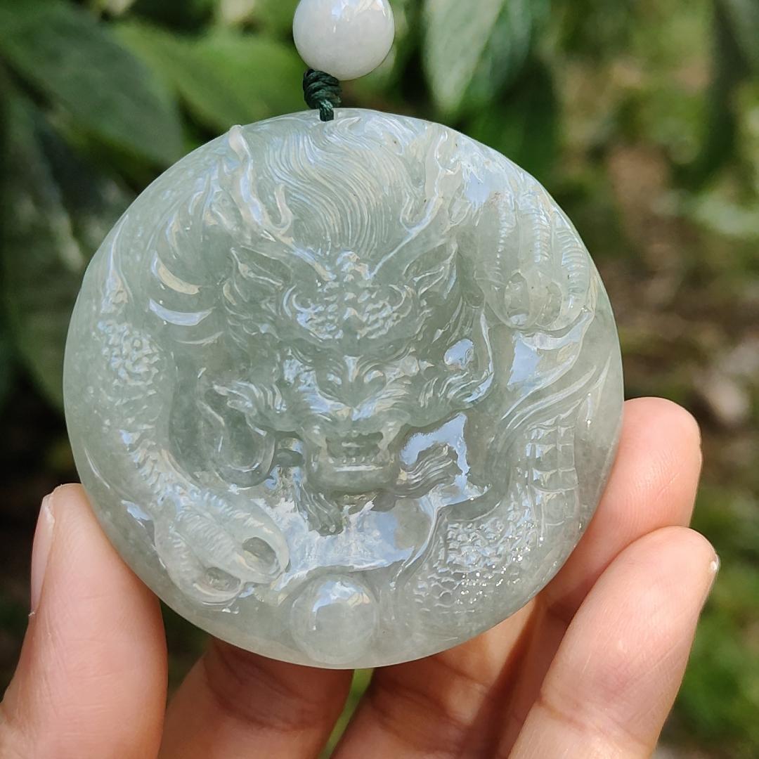 Premium Full Light Green Natural Type A Jadeite Jade Pendant Necklace crafted with Dragon with good glossy shines, certificate included weigh 77.81 grams, 55.5 * 55.5 * 13.8 mm (pendant169) Yi Pin Qian