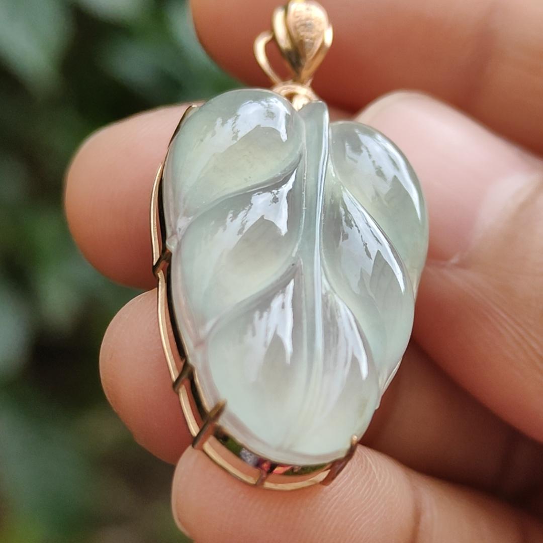 Premium Quality Icy Translucent Light Green Hue Natural Type A Jadeite Jade crafted as Leaf set on 18k Gold as Pendant, certificate weighs 5.07 grams, measurement 40.5 * 18 * 7.5 mm (18kp42) Yi Pin Qian
