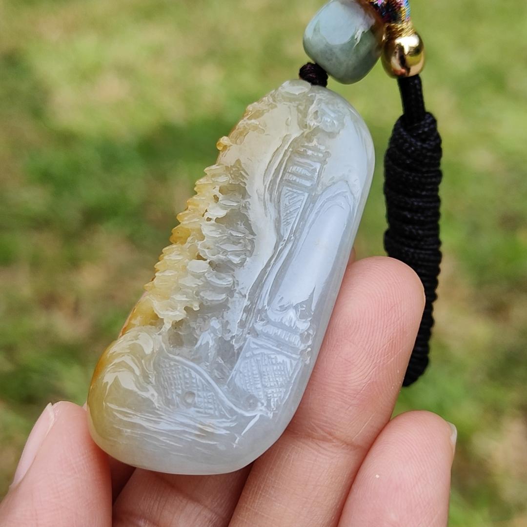 Beautifully crafted with sceneries on Yellow Natural Type A Jadeite Jade as a Pendant Necklace with certificate weigh 27.75 grams, measurement 52.1 * 25.7 * 12.7 mm (pendant206) Yi Pin Qian