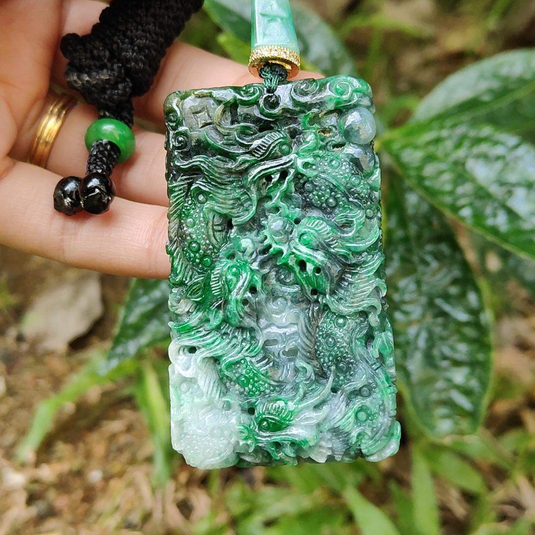 Lots of Green with Wuji carved as nine dragons Natural Type A Jadeite pendant with certificate weight 45.16 grams, 60.30 * 35.30 * 9.90 mm suitable for daily wear (pendant120) Yi Pin Qian