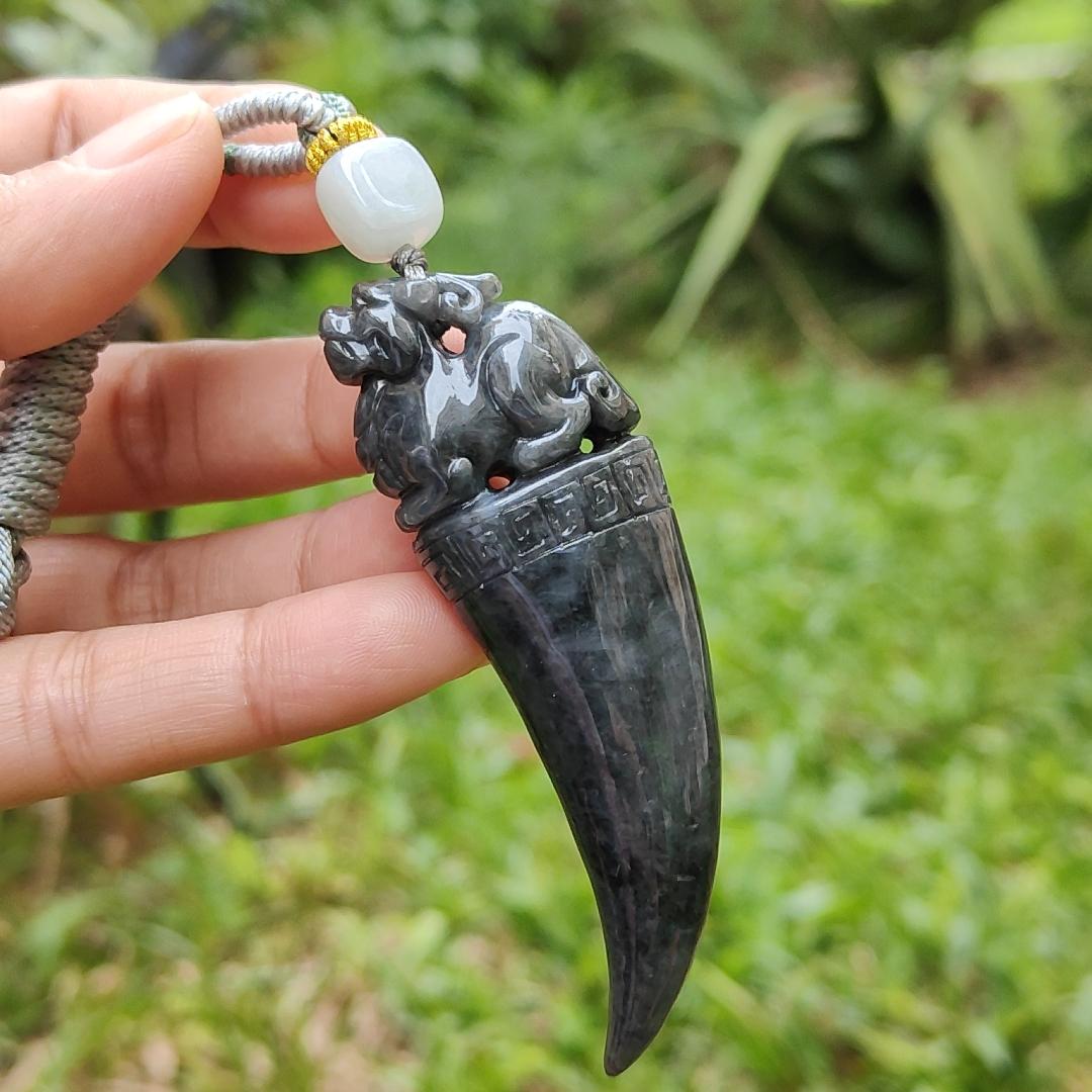 Black Wuji Natural Type A Jadeite Pendant Carved with Dragon Teeth plus Pixiu come with certificate weight 30.85, 70.3 * 23.1 * 13 mm (pendant100) Yi Pin Qian