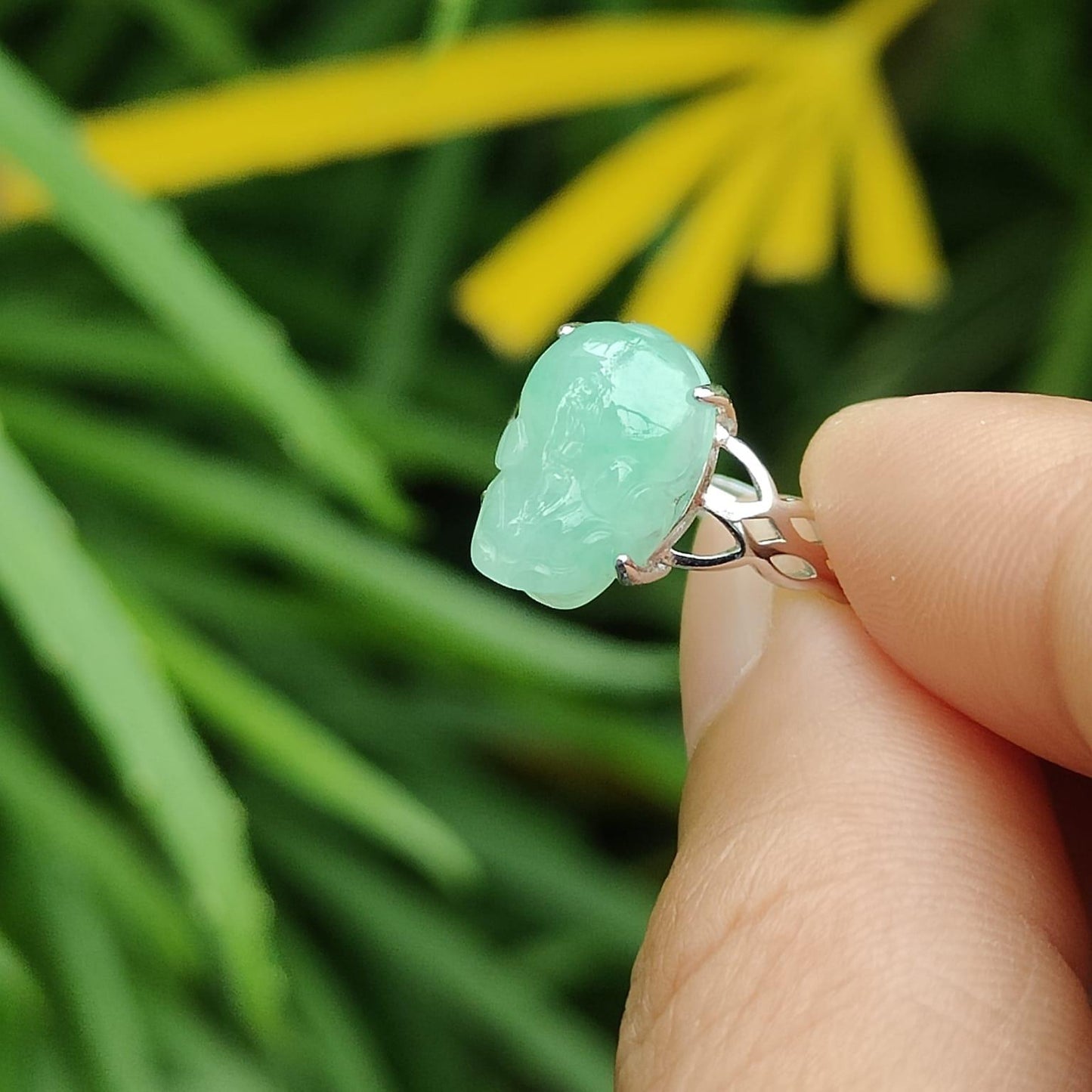 Newly Listed - SG Local Seller - Crafted as Light Green Hue Pixiu on High Quality Natural Type A Jadeite Jade set with S925 as adjustable Ring, certificate weighs 2.27 grams, measurement 11.8 * 8 * 5 mm (s925ring26) Yi Pin Qian Jadeites Jade Jewelry ~Your Precious Quintessential ~ Singapore