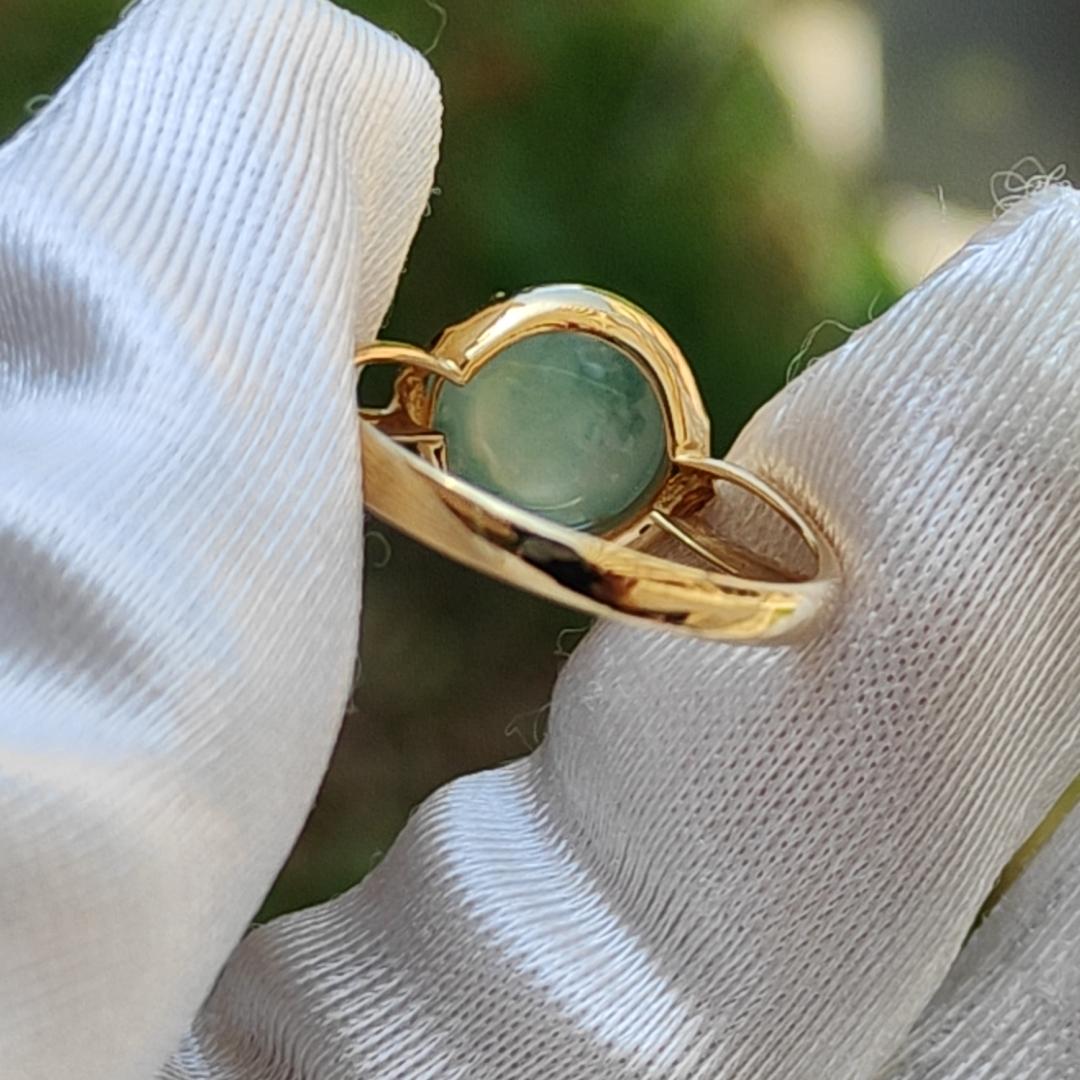 Icy Floating Green Patches Cabochon Natural Type A Jadeite Jade set on 18k gold as a ring with certificate weigh 2.06 grams, measurement 8.9 * 8.8 * 4.2 mm, finger size 16.8 mm (18kring19) Yi Pin Qian