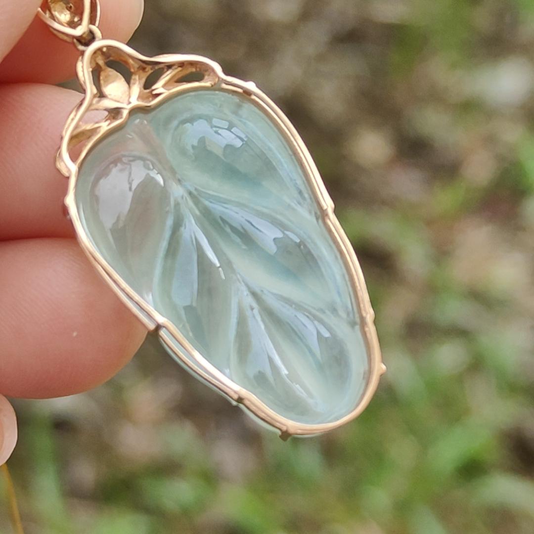 Premium Quality Icy Translucent Light Green Hue Natural Type A Jadeite Jade crafted as Leaf set on 18k Gold as Pendant, certificate weighs 5.07 grams, measurement 40.5 * 18 * 7.5 mm (18kp42) Yi Pin Qian