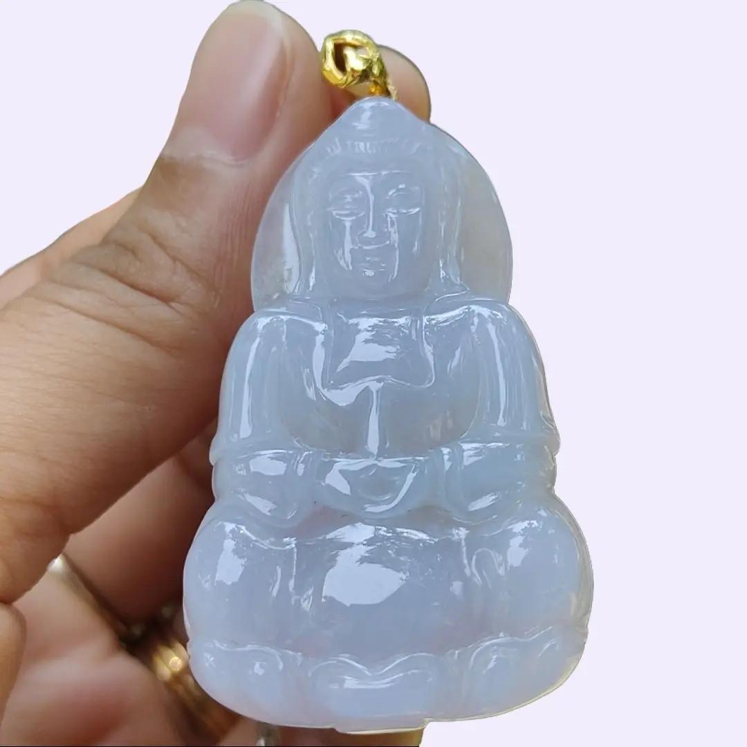 High Quality Light Lavender Natural Type A Jadeite Jade crafted As Guanyin set with 18k Gold Clasp as Pendant, certificate weighs 14.87 grams, measurement 46.6 * 28.2 * 6.5 mm (18kp58) Yi Pin Qian