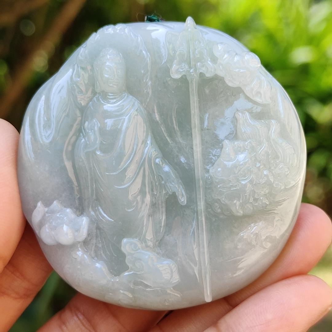 High Quality Light Green Hue Natural Type A Jadeite Jade crafted with Ksitigarbha Bodhisattva as Pendant, certificate weighs 70.75 grams, measurement 54.6 * 54.6 * 12.6 mm (pendant232) Yi Pin Qian