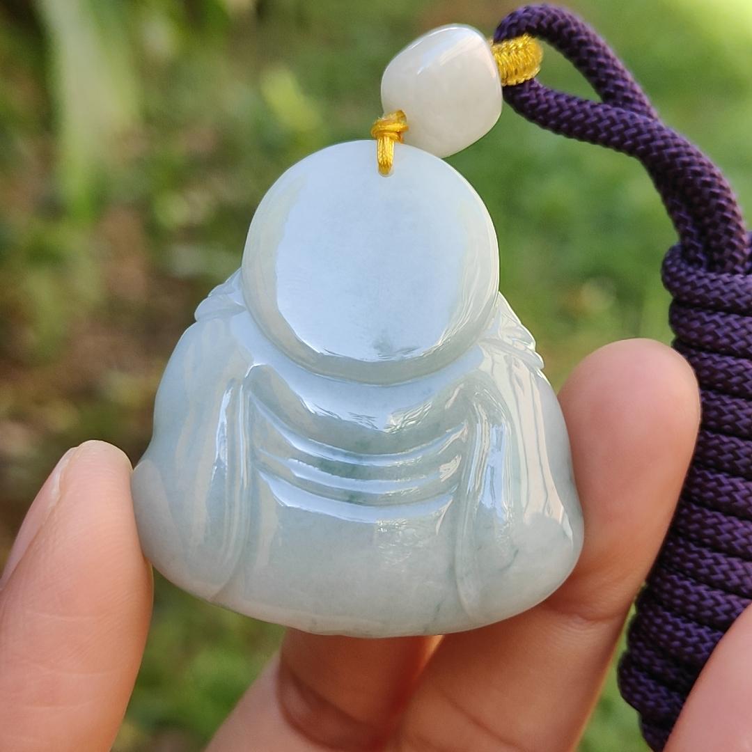 Light Green with green patches Natural Type A Jadeite Jade Pendant Necklace crafted as Laughing Buddha with certificate weigh 36.66 grams, 40.3 * 37.5 * 15 mm (pendant165) Yi Pin Qian