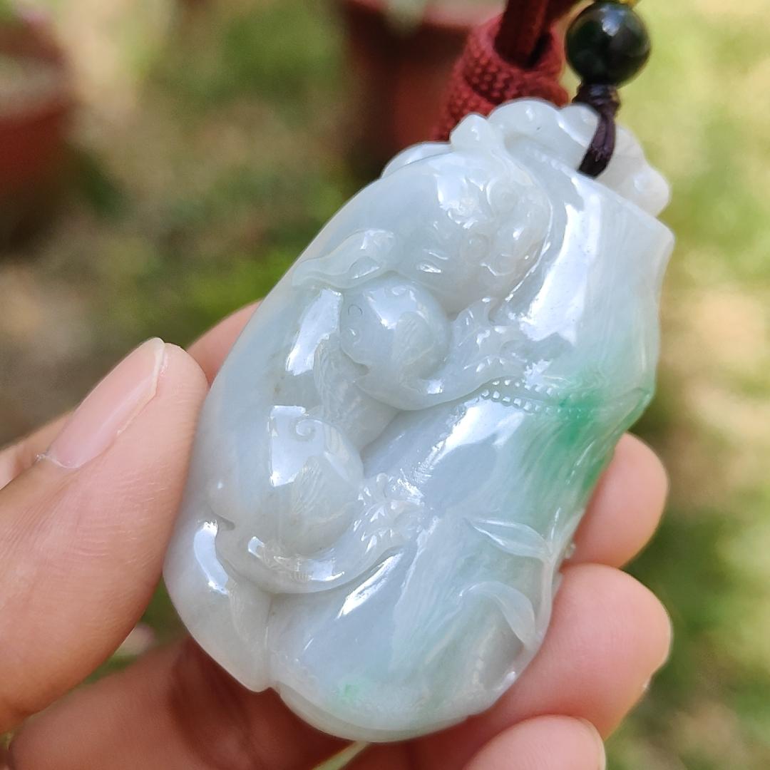 Green with yellow patches Natural Type A Jadeite Jade crafted as Bamboo with Pixiu as Pendant, certificate weigh 35.85 grams, measurement 52.3 * 31 * 12.2 mm (pendant223) Yi Pin Qian
