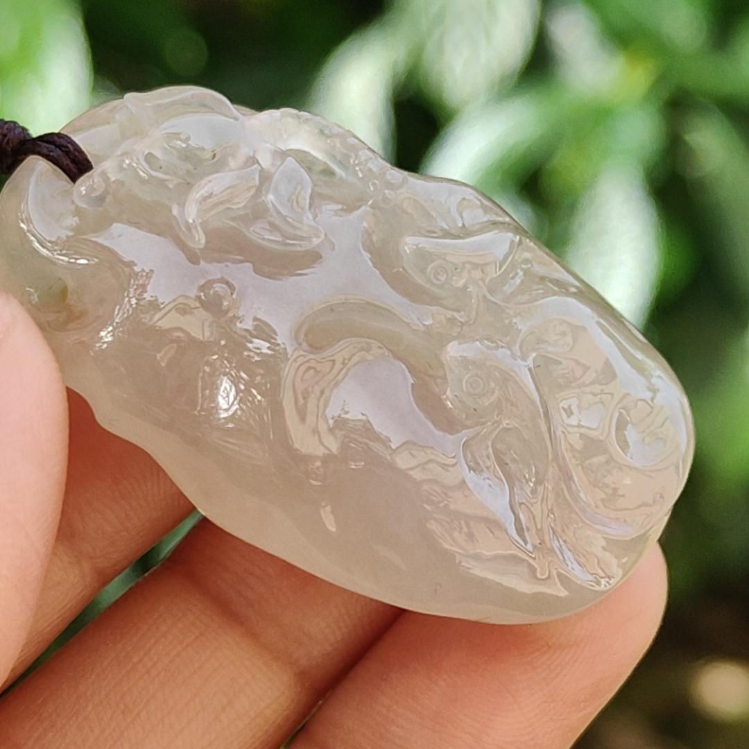 Premium High Quality Old Pit Natural Type A Jadeite Jade crafted with fish and Lotus as Pendant, certificate weigh 25.4 grams, measurement 44.2 * 28.5 * 12.3mm (pendant243) Yi Pin Qian