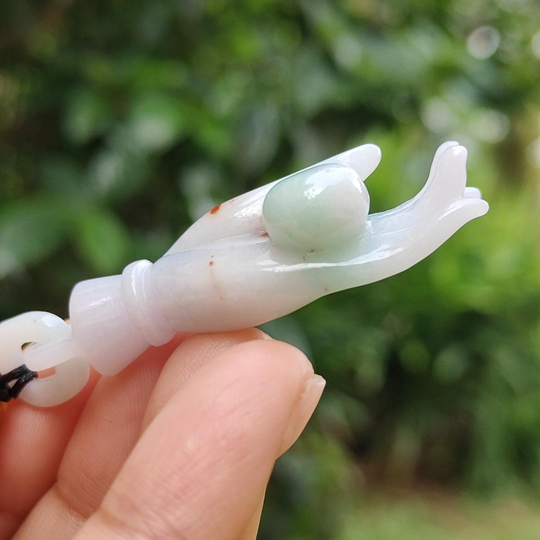 Light Green with Red patches Natural Type A Jadeite Jade crafted as Buddha Hand Pendant, QIC labs approved certificate weighs 15.32 grams, measurement 52.5 * 16 * 13.8 mm (pendant255) Yi Pin Qian