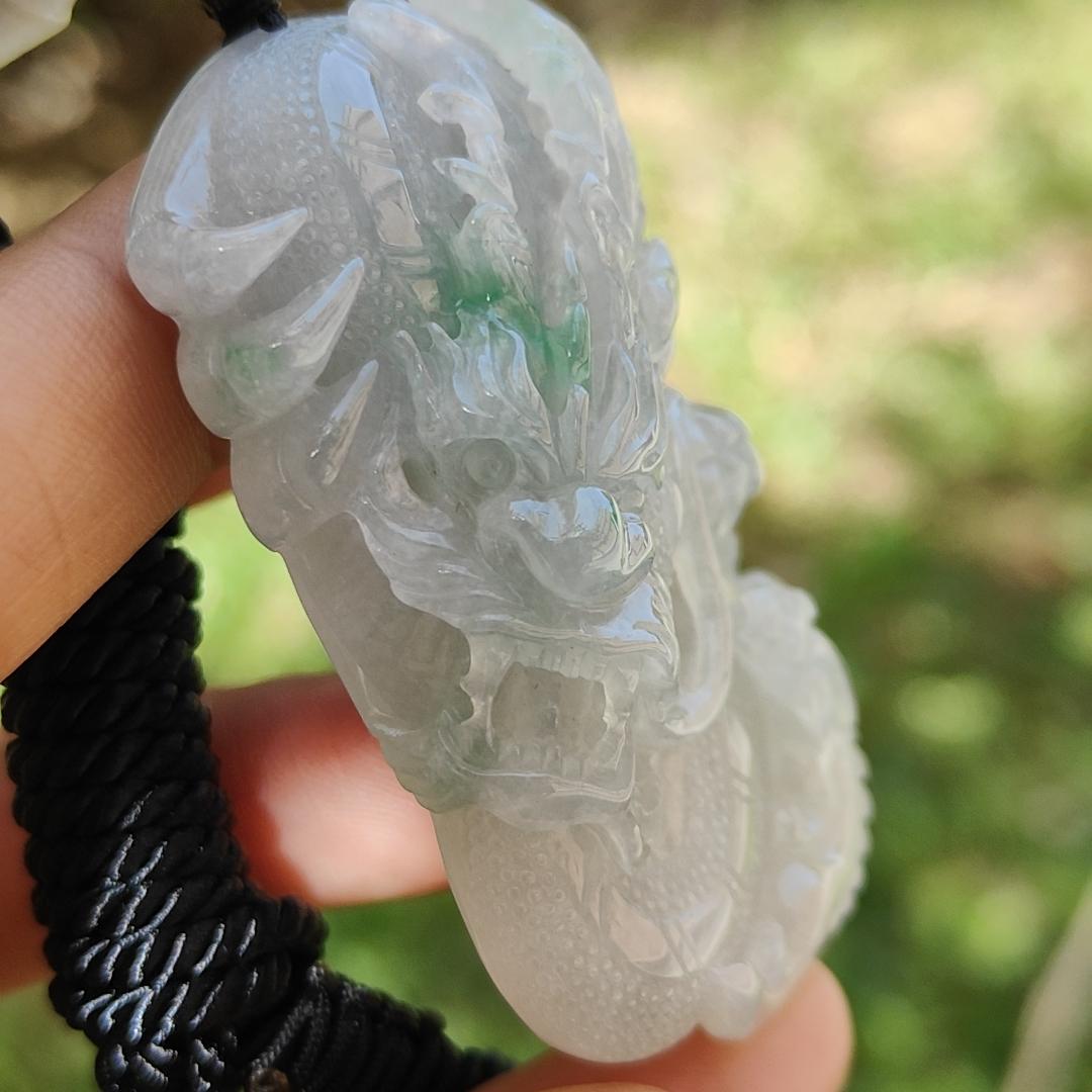High Quality Semi Icy Translucent Light Green Light Lavender Natural Type A Jadeite Jade crafted with Dragon as Pendant, certificate weighs 35.24 grams, measurement 55.7 * 33.3 * 13.3 mm (pendant264) Yi Pin Qian