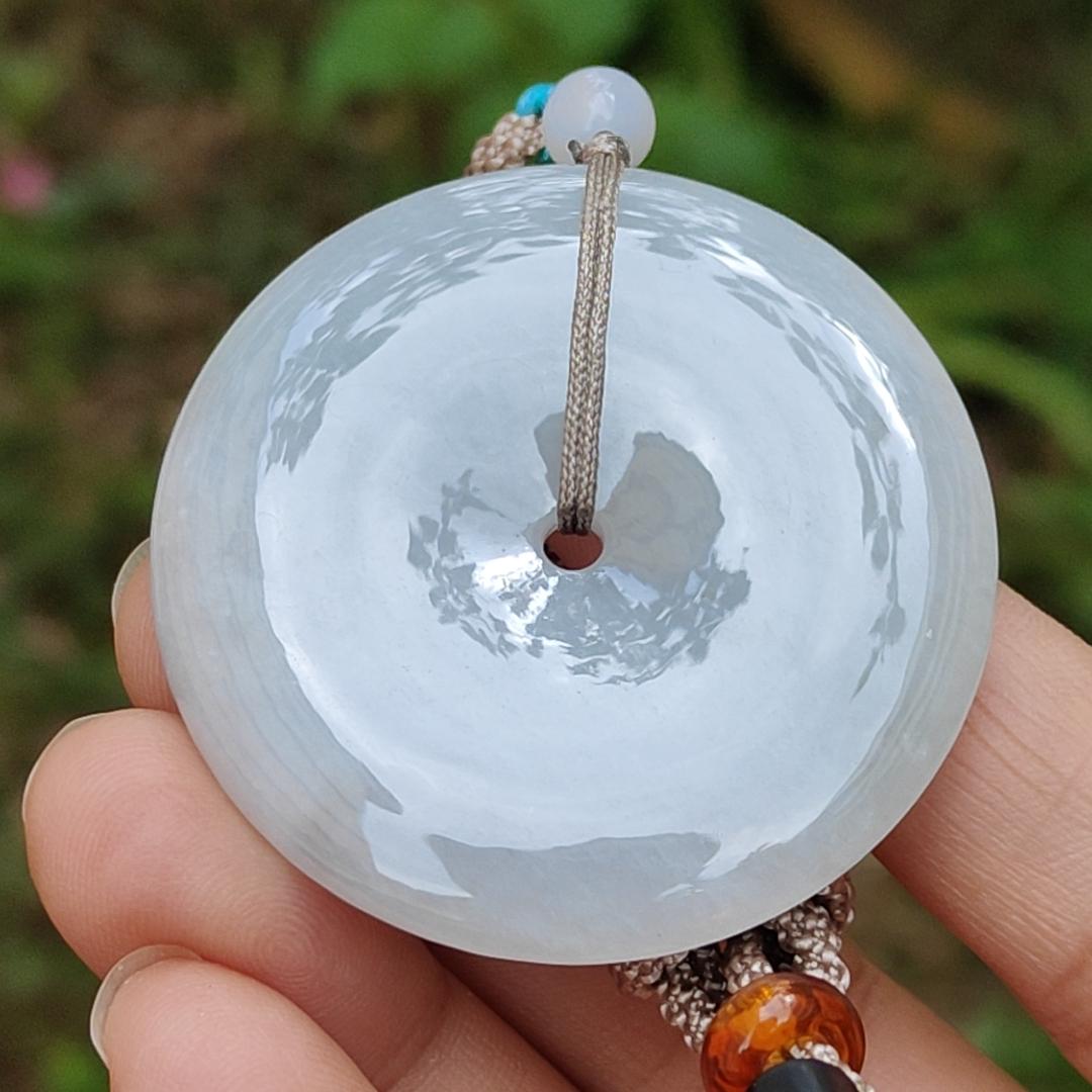 Light Lavender Natural Type A Jadeite Pendant crafted as donut shape with certificate weigh 26.72 grams, 42.8 * 42.8 * 6.3 mm, symbols of the money is rolling in, and the wealth is coming from all directions and suitable for daily wear (pendant68) Yi Pin Qian