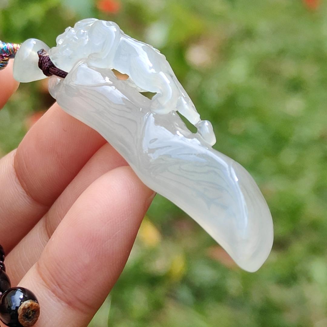 Premium Semi Icy with Light Green Hue Natural Type A Jadeite Jade crafted with Pixiu as a Pendant, certificate included weigh 12.61 grams, measurement 492. * 17.1 * 8.7 mm (pendant202) Yi Pin Qian