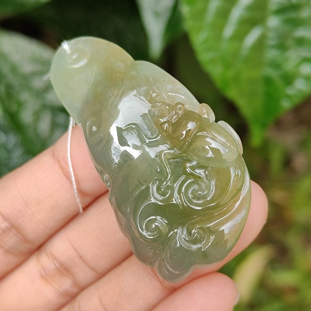 Green and Yellow Natural Type A Jadeite Pendant Necklace Crafted with Ruyi and Beetle, certificate included weigh 23.25 grams, 52.3 * 29 * 9.9 mm, symbols of A steady flow of wealth, protection from danger, safety and health (pendant163) Yi Pin Qian