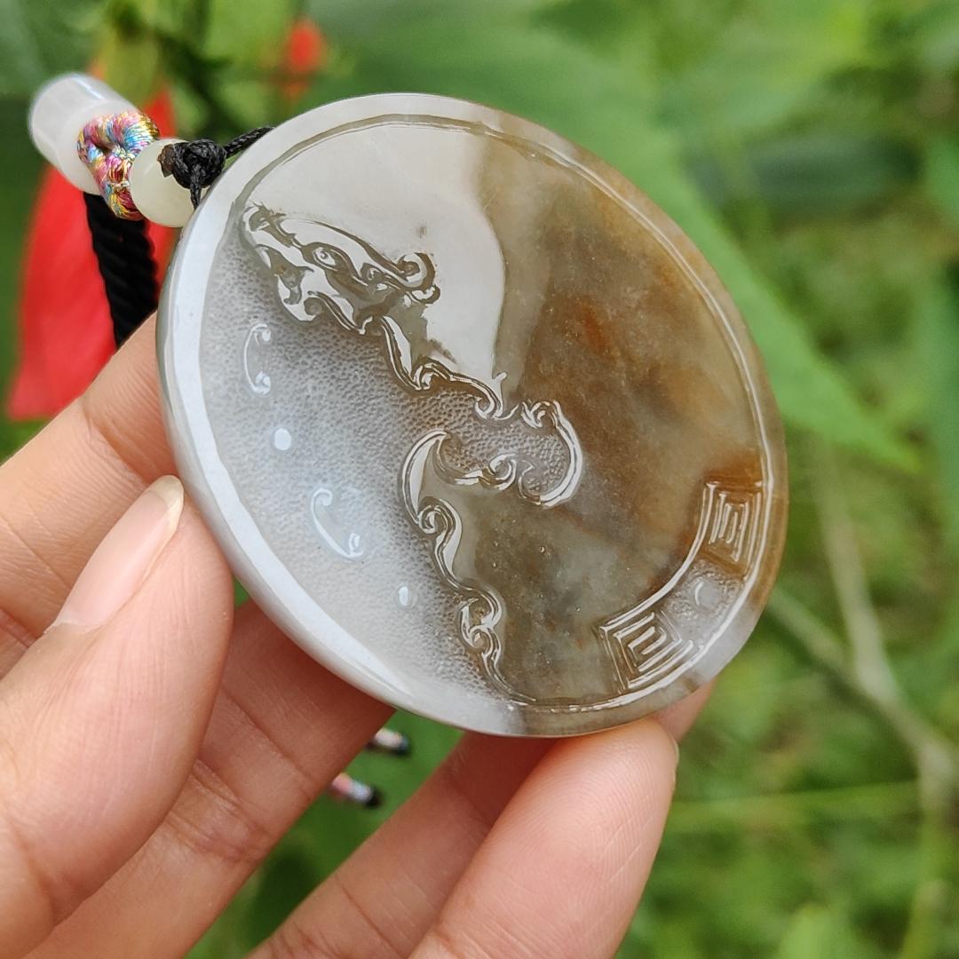 Stunning Rare Brown with Red and White Antique-style Pendant Necklace, Natural Type A Jadeite with certificate included weigh 33.71 grams, 51.3 * 42 * 6.7 mm, engrave with chinese word ruyi means As one wishes, for daily wear (pendant27) Yi Pin Qian