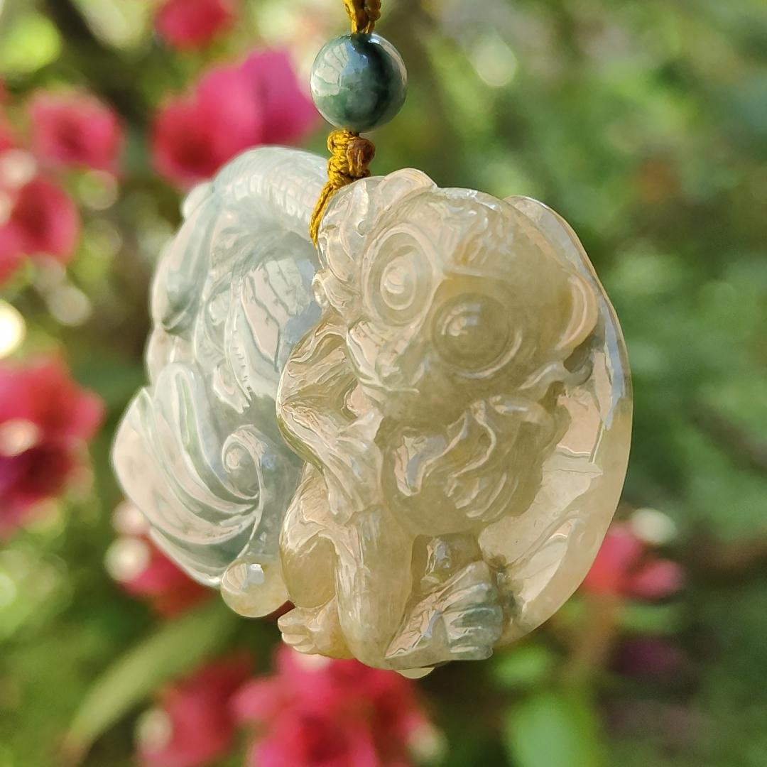 Light green and Yellow Natural Type A Jadeite Pendant, a rare collection carved with Monkey, Elephant and Ruyi, symbols of Wisdom, strength, authority, good luck and protection, certificate included weigh 47.85 grams, 55.7 * 36 * 13.8 mm (pendant74) Yi Pin Qian