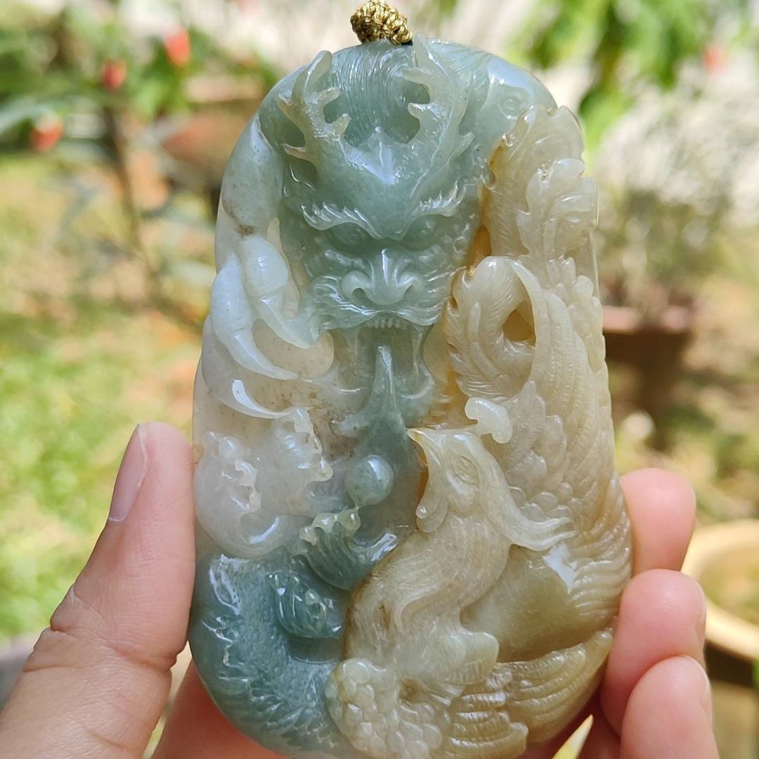 Light Green and Yellow Natural Type A Jadeite Jade Crafted with Dragon and Pheonix as Pendant, Certificate weigh 96.95 grams, measurement 90.2 * 55.7 * 11.5 mm (pendant222) Yi Pin Qian
