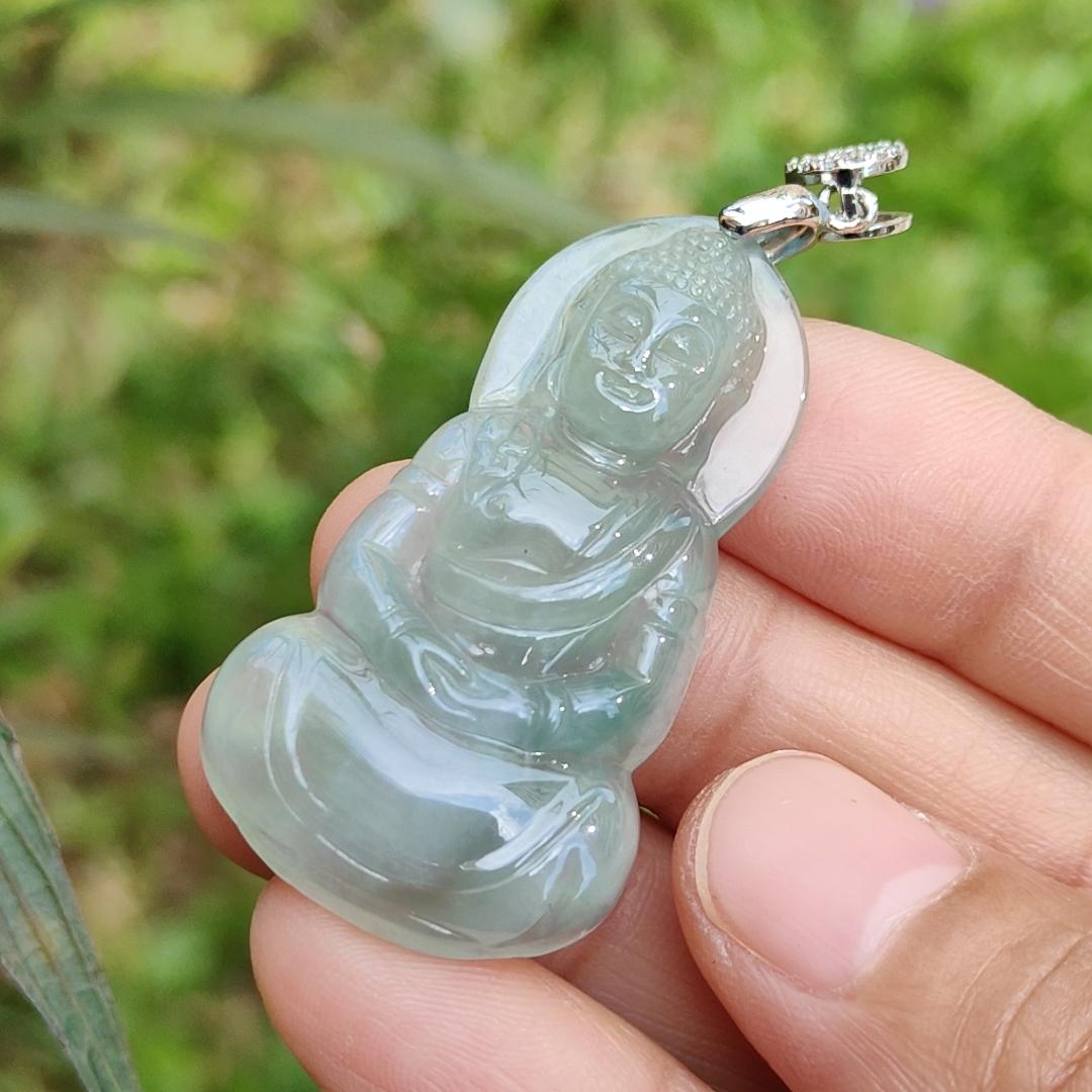 Premium Icy Good Translucency Green Hue Natural Type A Jadeite Pendant Necklace crafted as Buddha with certificate weigh 8.65 grams, 42.5 * 23.8 * 5.8 mm, collectible jadeite suitable for daily wear Yi Pin Qian