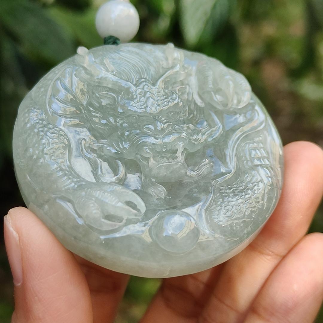 Premium Full Light Green Natural Type A Jadeite Jade Pendant Necklace crafted with Dragon with good glossy shines, certificate included weigh 77.81 grams, 55.5 * 55.5 * 13.8 mm (pendant169) Yi Pin Qian